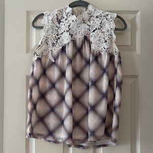 LOFT White and Purple Plaid Blouse with Lace Detail